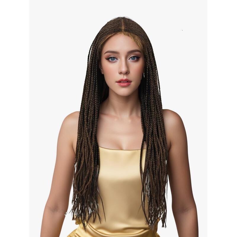 28 inch for Women Full Box Braided KnotlessBraided Wigs Lightweight Braids Synthetic Lace Front Wig Black and brown