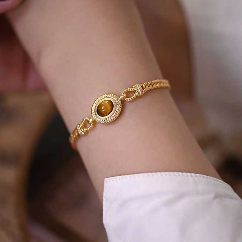 French Palace Style Tiger Eye Stone Bracelet Premium Luxury 18k Gold Plated Cuban Chain Women Zircon Bracelet Party Jewelry GiftT251110