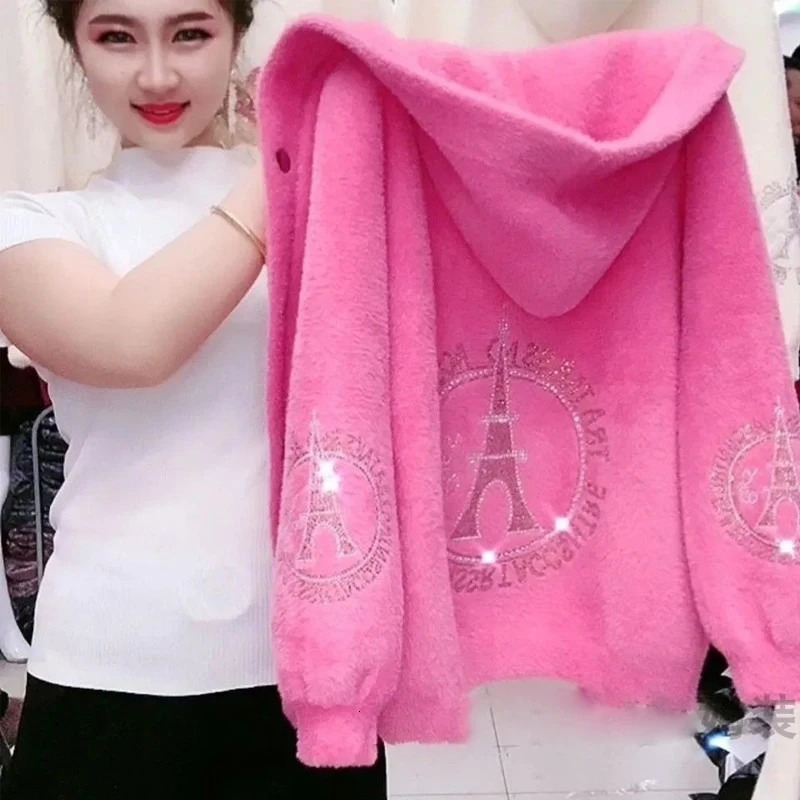 Autumn And Winter Warm Solid Color Thick Hooded Mink Fur Coat With Rhinestone Collar Womens Top Cardigan 251110