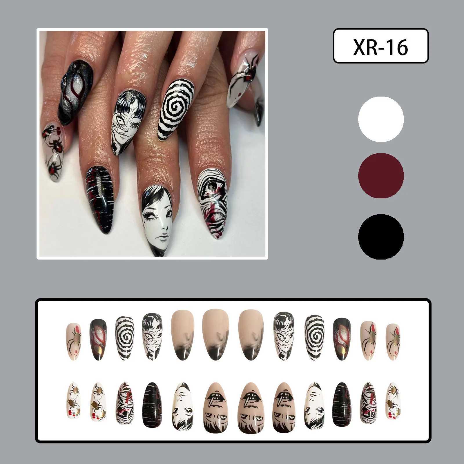 24 pieces of black spider fake nails y2k punk style girls painting fake nails complete set wearable Japanese almond press nail tips W250410