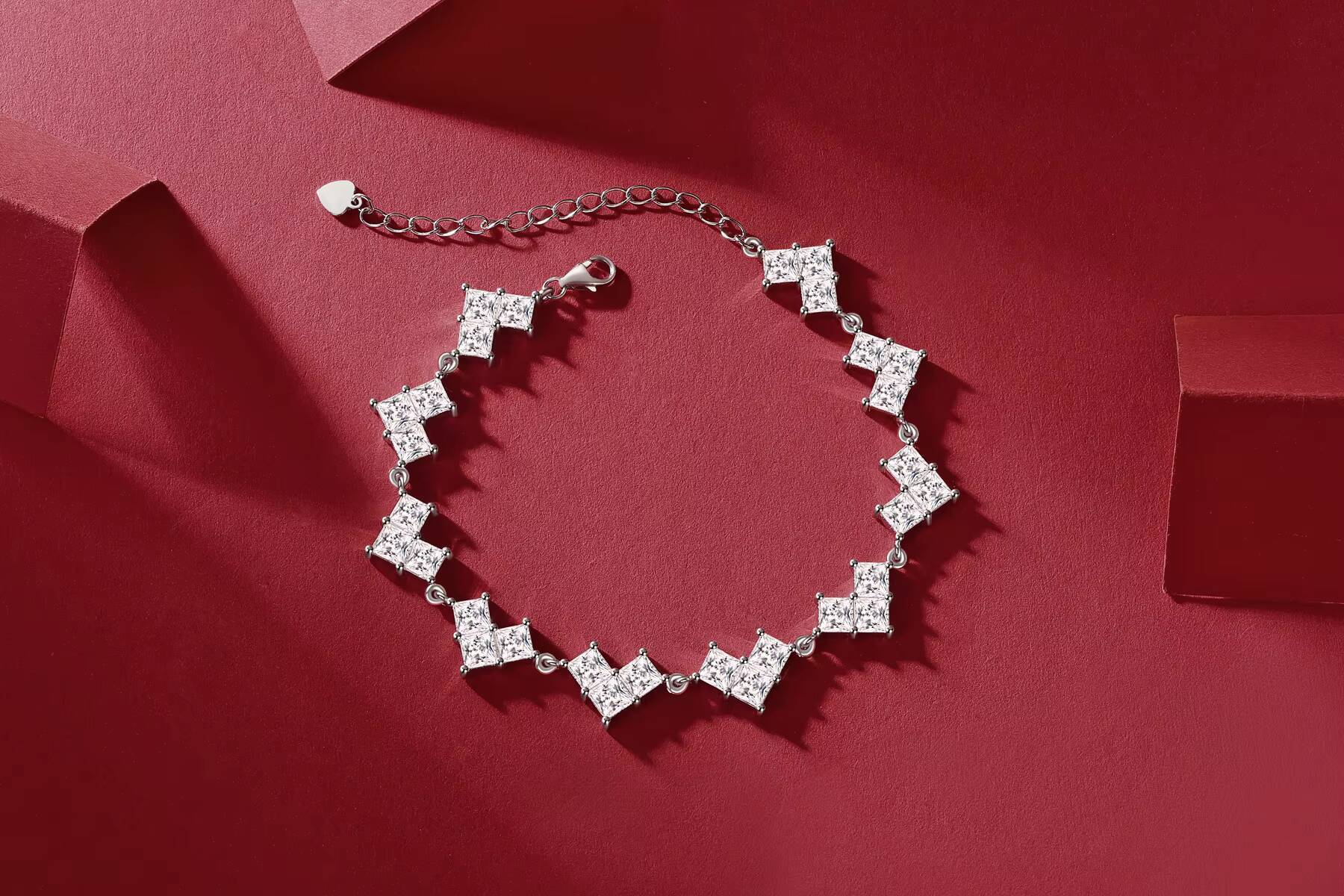 Luxury Jewelry S925 Sterling Silver Shaped Square Moissanite Diamond Iced Out Heart Shuriken Link Bracelet Anklet for Men Lady