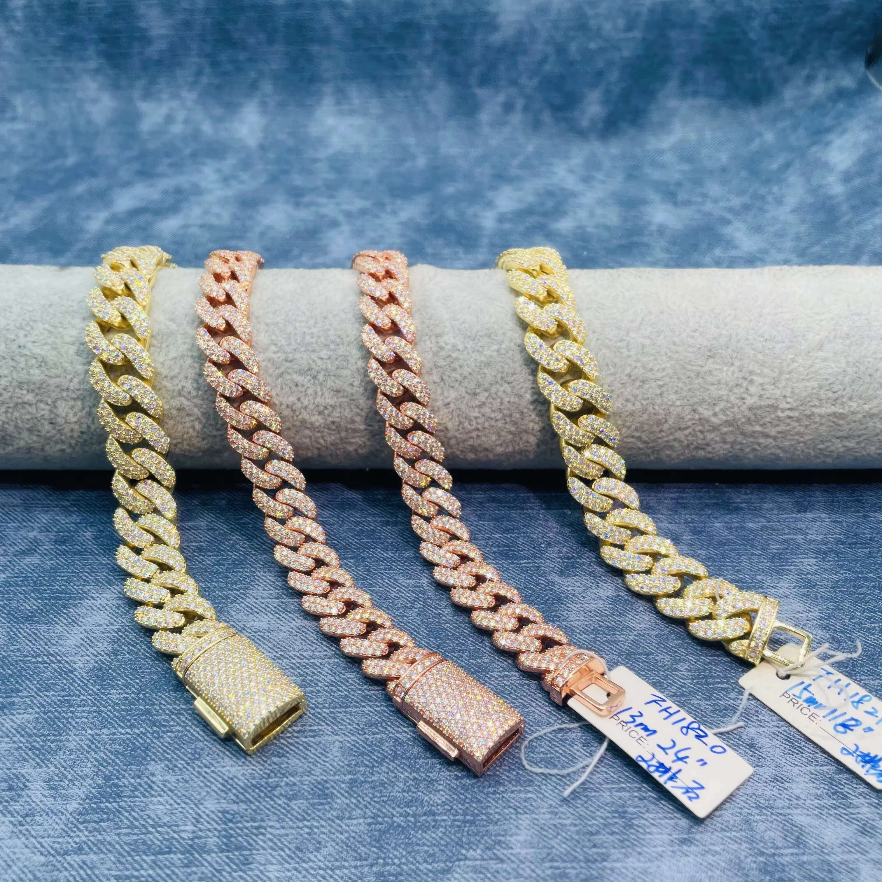 Pass Tester Hand Setting Hip Hop Jewelry 13mm 15mm Silver Iced Out Two Rows VVS Moissanite Cuban Link Chain
