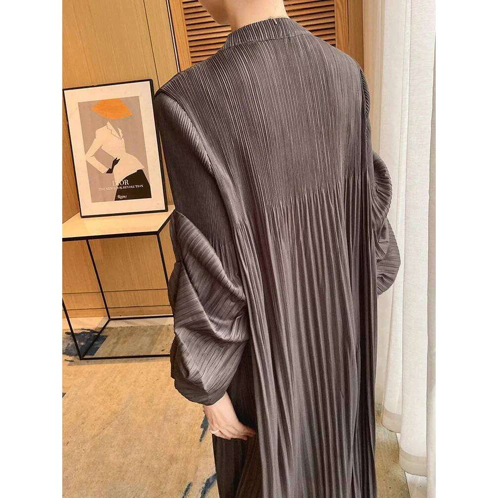 Miyake Pleated Puff Sleeve Dress Fall 2022 Winter New Solid Color Long Loose Women Causal Elegant Dresses Designer Clothes