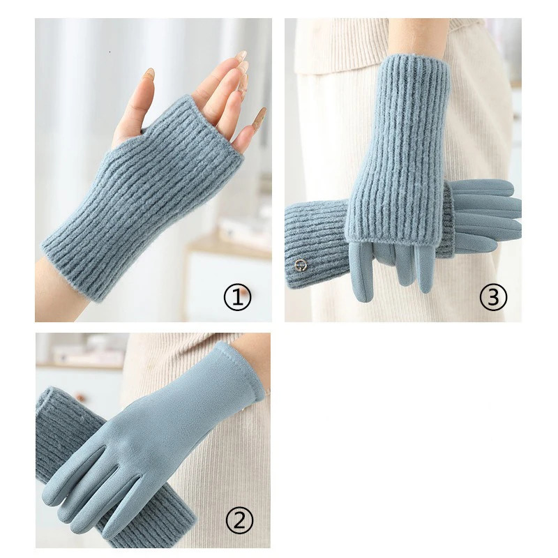 3 Ways to Wear Removable Winter Women Gloves Keep Warm Touch Screen Knitted Suede Solid Soft Add Velvet Not Bloated Prevent Cold 251106