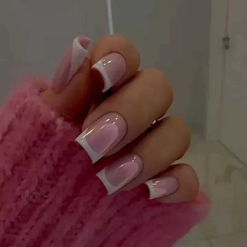 24pcs nude white French fake nails short square nail tips fashionable wearable fake nails with glue simple full set press nails W250410