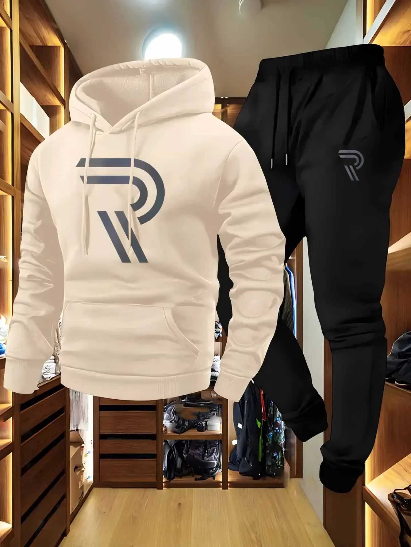 Mens Sporty Two-Piece Set Hoodie And Pants Gray Black Non-Stretch Regular Fit with Pockets for FallWinter tracksuit men W251110