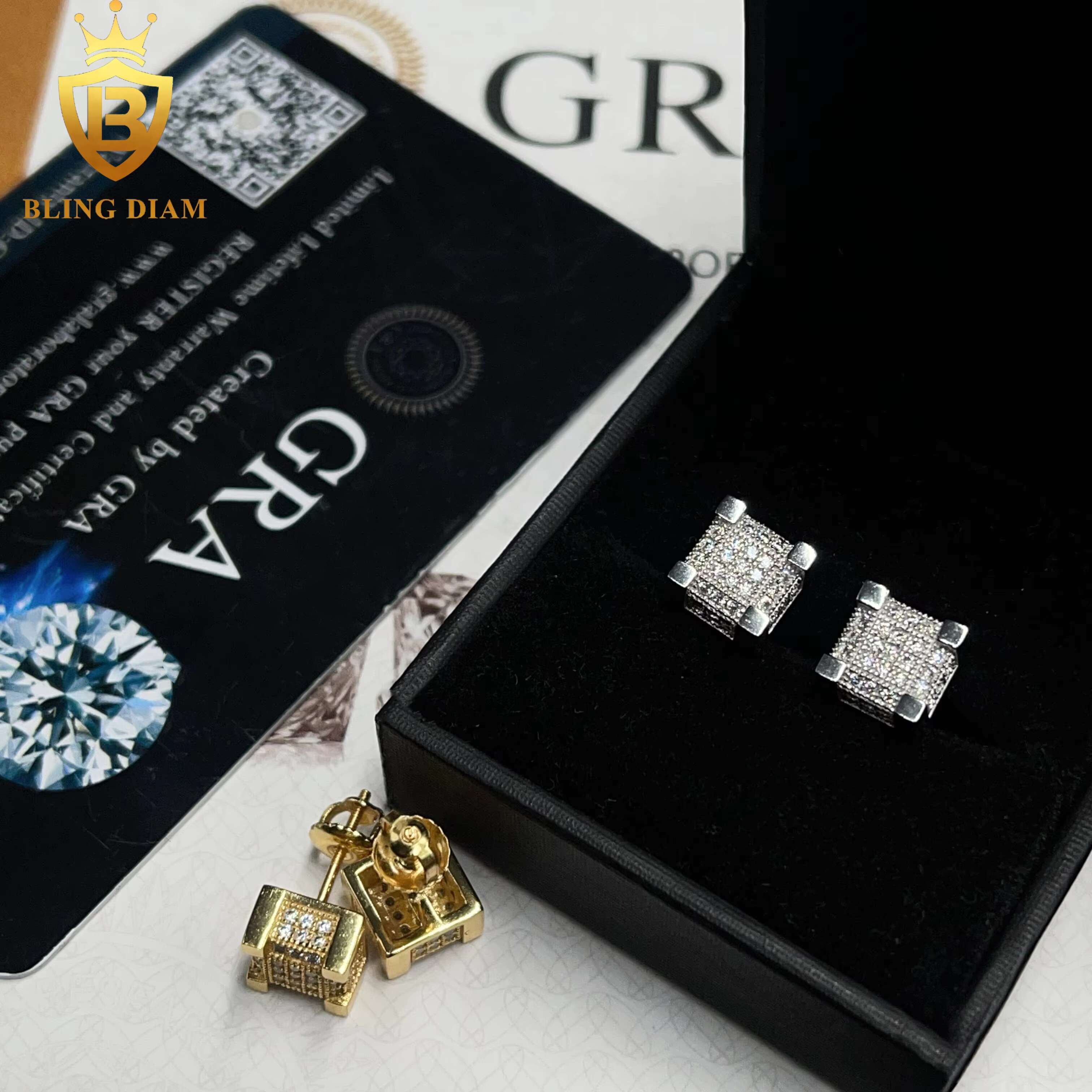 8.2mm Fine Jewelry Iced Out Square Jewelry 925 Sterling Silver VVS Moissanite Pass Diamond Tester Earrings Men