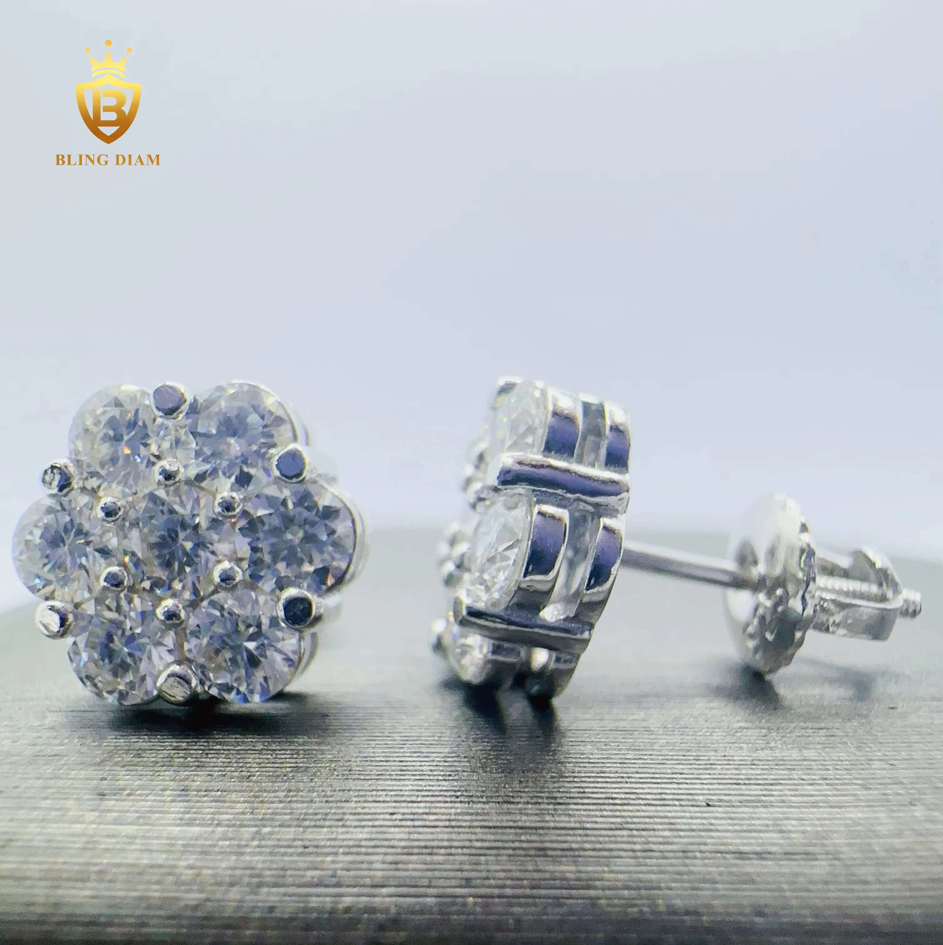Blingdiam Jewelry Fashion Flower Design 8mm Earrings VVS Moissanite Hip Hop Stud Earrings for Women