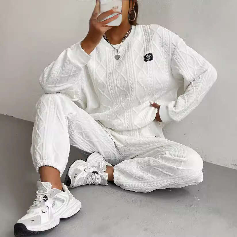 2024 autumn winter new European American women's jacquard long sleeved casual round neck hoodie and pants set
