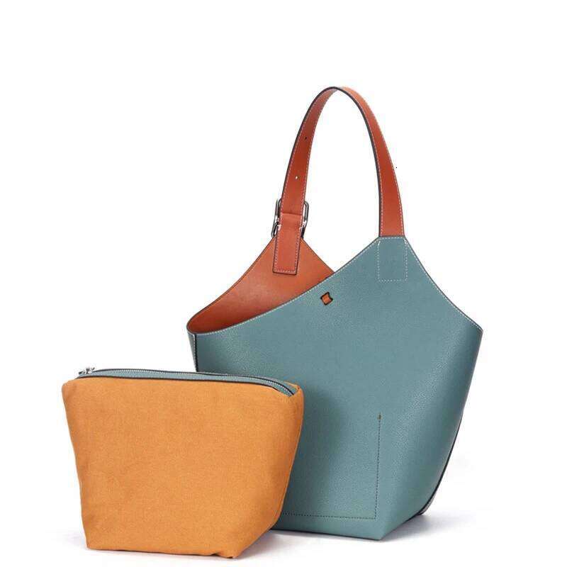 Split Leather Contrast Color Bucket Tote For Women New Niche Design Large Capacity Fashion Portable Shoulder Women's Bag 251110