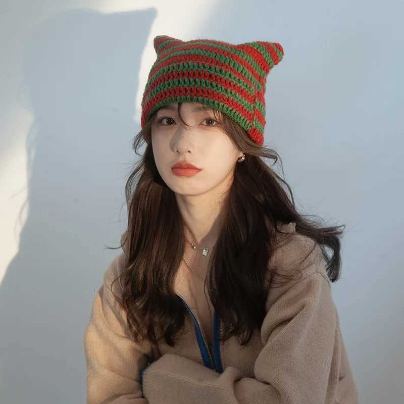 New Japanese Beanie Hat Ins Little Devil Striped Knitted Wool Cap Autumn Winter Warm Cute Cat Ears Pointed Pullover Womens HatsXJ251110