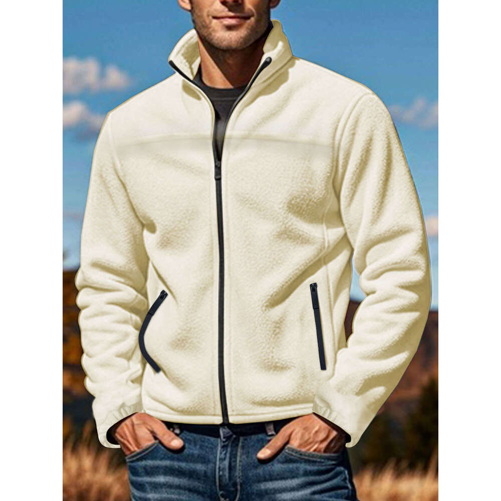 2025 TEMU New European and American Men's Polar Fleece Spring Autumn Winter Outdoor Zipper Stand Collar Jacket Top