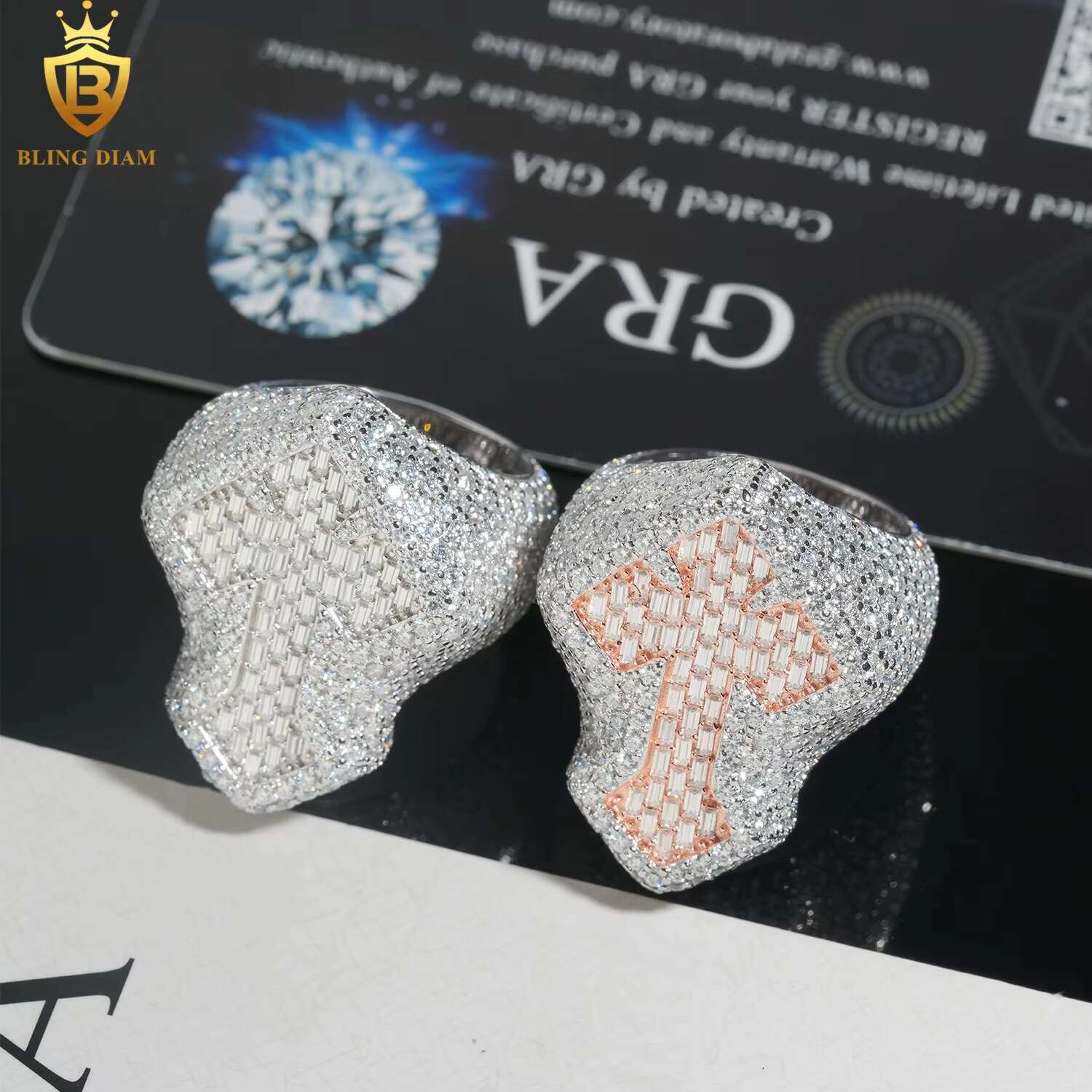 Hip Hop Jewelry 925 Sterling Silver Rose Gold Men Cross Ring Vvs Moissanite Iced Out Gra Certificate Pass Diamond Tester