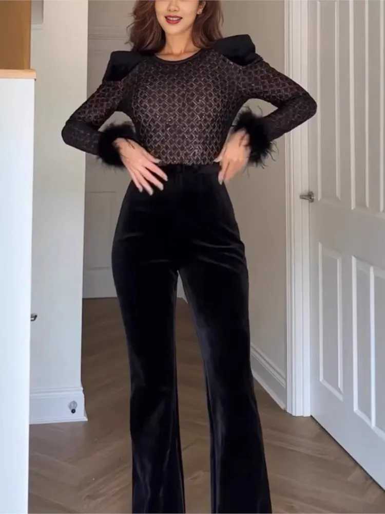New Sequined Black Feathers Round Neck Gold Velvet Stitching Swedish Jumpsuit Casual Womens Sexy Swedish Jumpsuit W250306