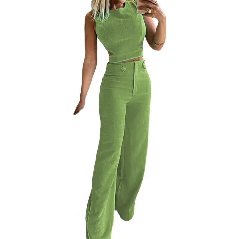 Two Piece Sets Women Splice Tops Sleeveless Button Pants Set Slim Fit Casual Straight Trousers Solid Office Lady Spring 250408