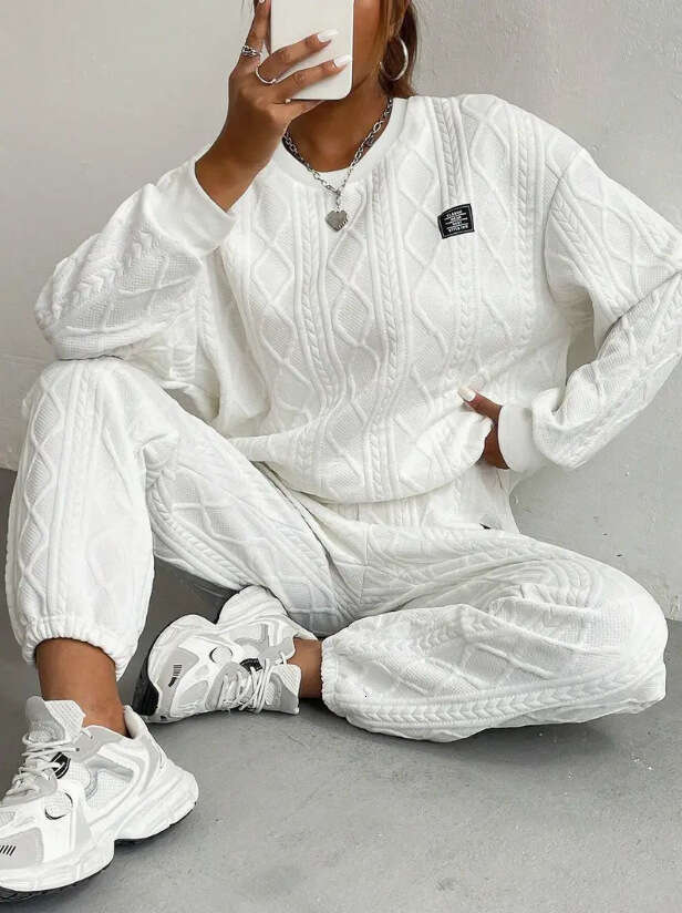 2024 autumn winter new European American women's jacquard long sleeved casual round neck hoodie and pants set