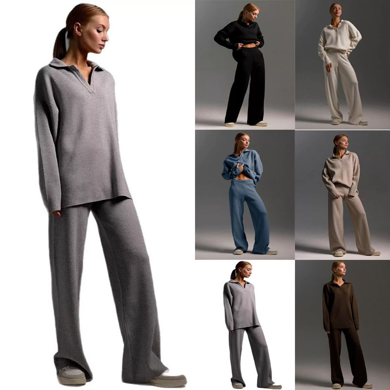 Bornlades Winter Thick Womens Knitted Set Soft 2-piece Set Womens Polo Neck Sweater and Wide Leg Pants Knitted Set 241126