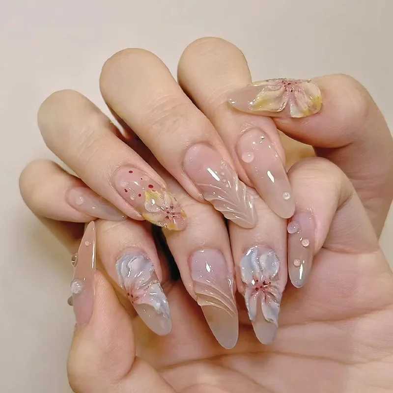 24pcs Simple Lightweight Orange Acrylic Nail Pearl Almond Fake Nail Press on Phnom Penh Glue to Nail with Design Nail Art W250410