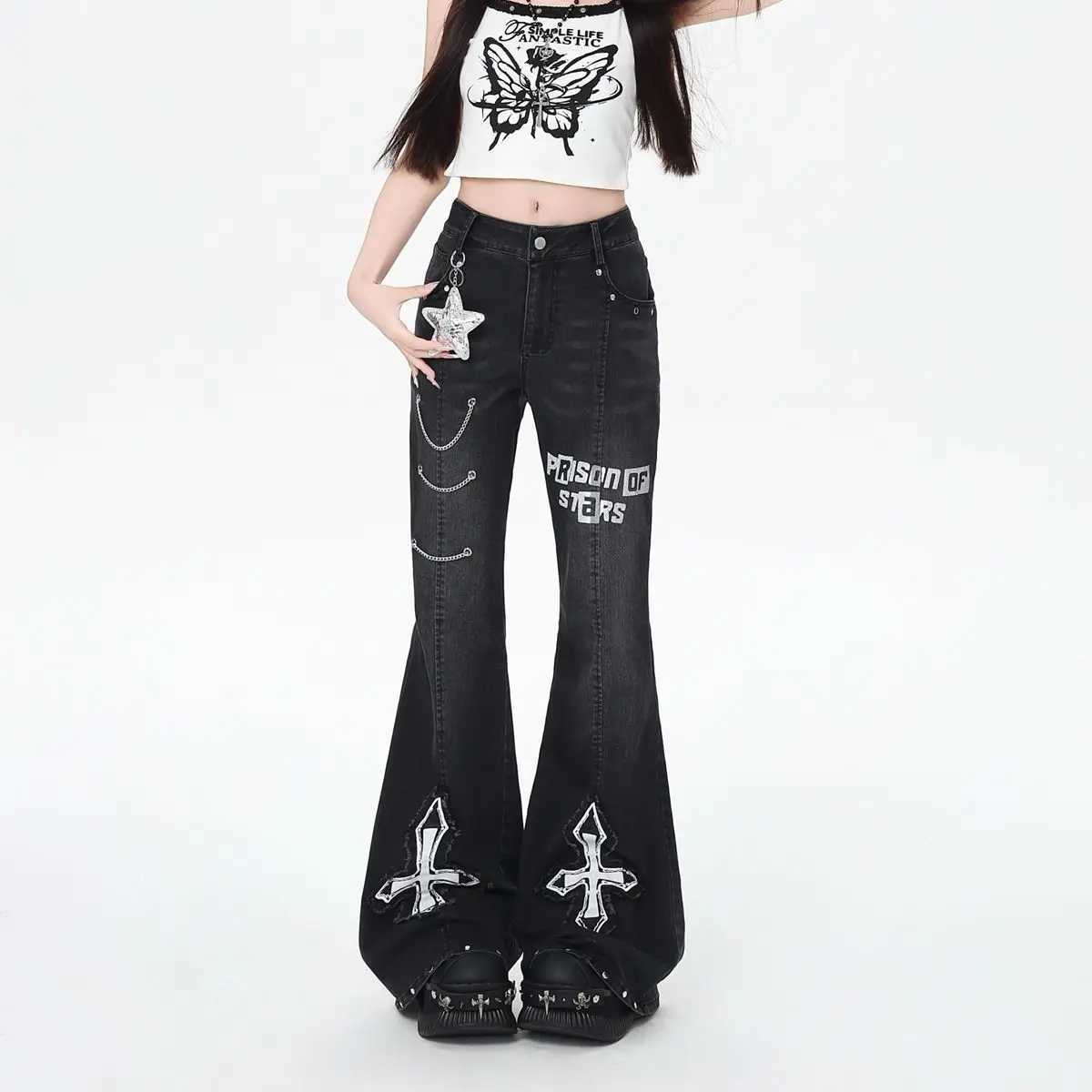 American Women Jeans Y2k Aesthetic Chain Autumn Vintage Slim Harajuku Letter Flare Long Trouser Cross Denim Pants Female Jogger C251110