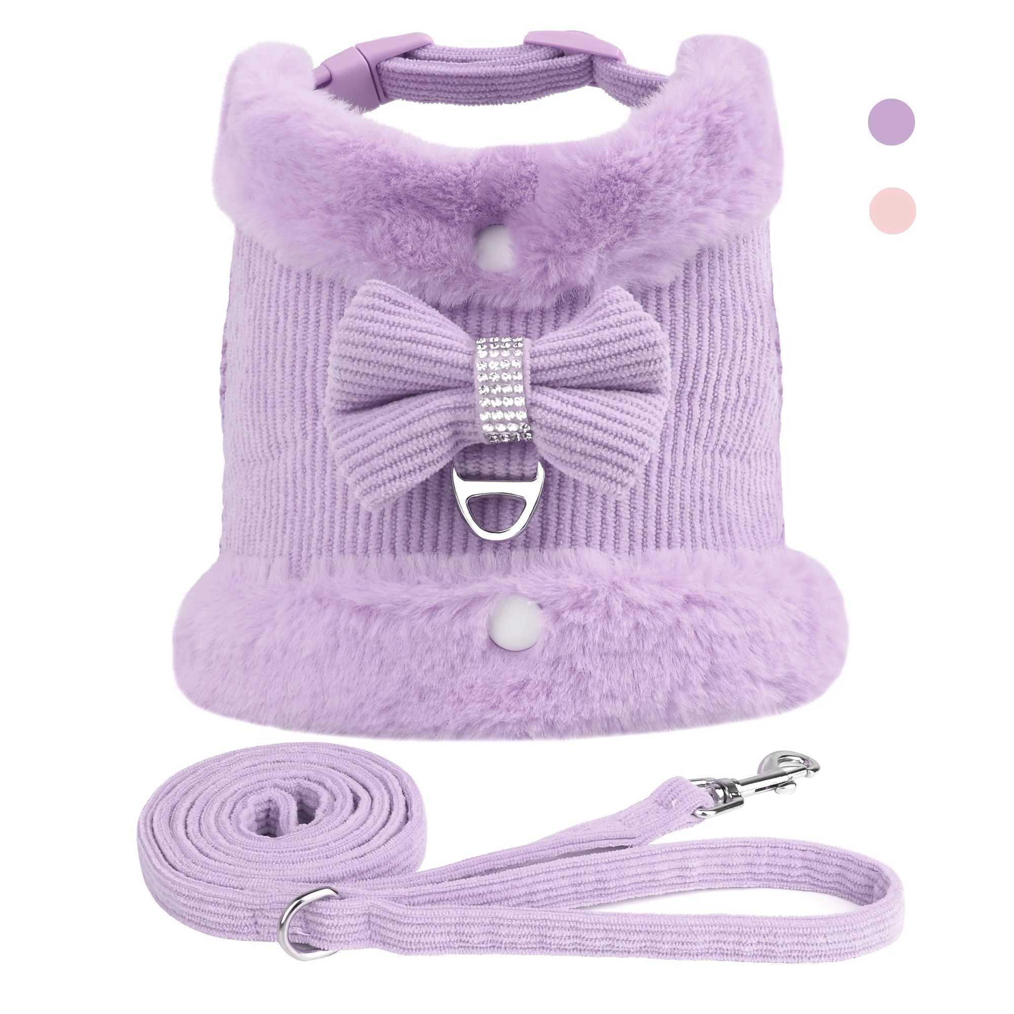 Warm Winter Dog Harness Leash Set Cute Bowknow Puppy Small Dog Vest Harness Soft Fur Collar Vest With Bowtie For Pug Yorkie Pink J251110