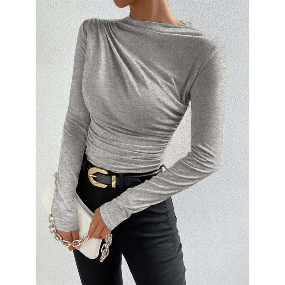 Half High Collar 2024 European and American Solid Color Slim Fit Base Shirt Versatile Ruched Design Long Sleeve T-Shirt Women's Top
