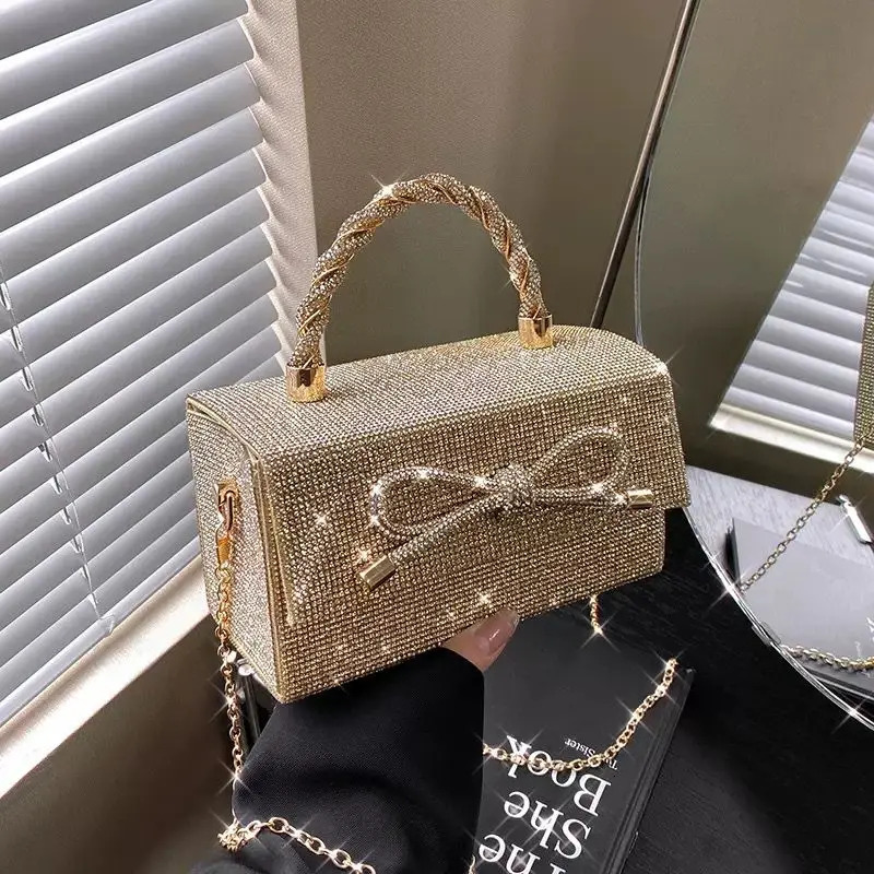 2025 Women Wedding Square Box Full Diamond Handbags High-end Rhinestone Bow Evening Clutch Bag Shiny Crossbody Bag R251110