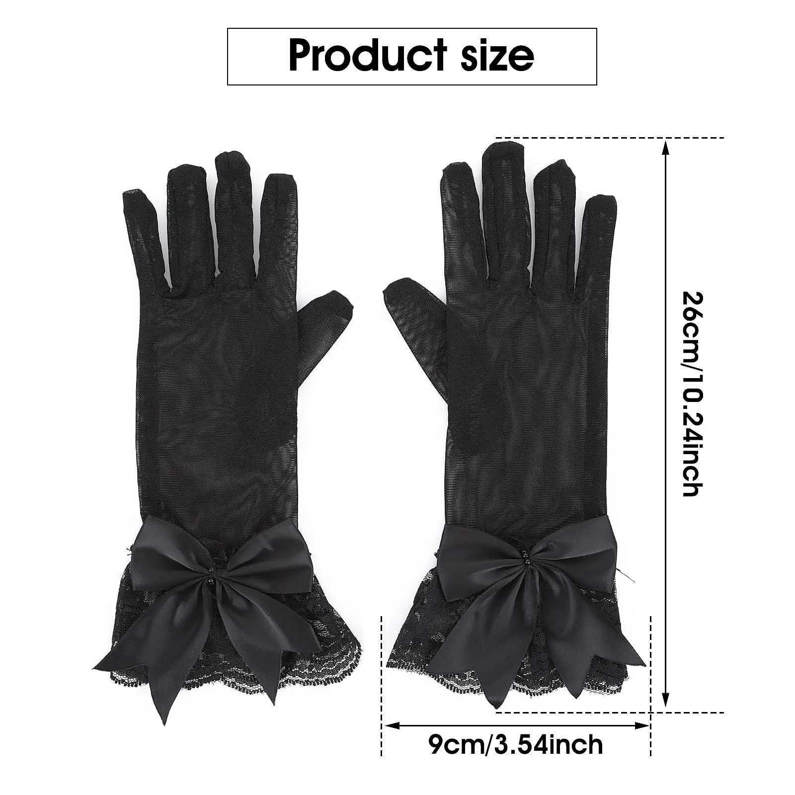 Women Black Full Fingers Gloves Tea Party Gloves with Lace Trim Bow knot for Valentines Day Wedding Party Cosplay Accessories L251110