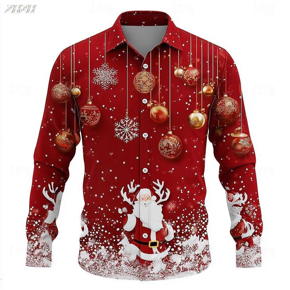 2025 Mens Christmas Santa Reindeer Shirt 3D Print Baubles Design Funny Button Up Collared Holiday Long Sleeve Tops K251110