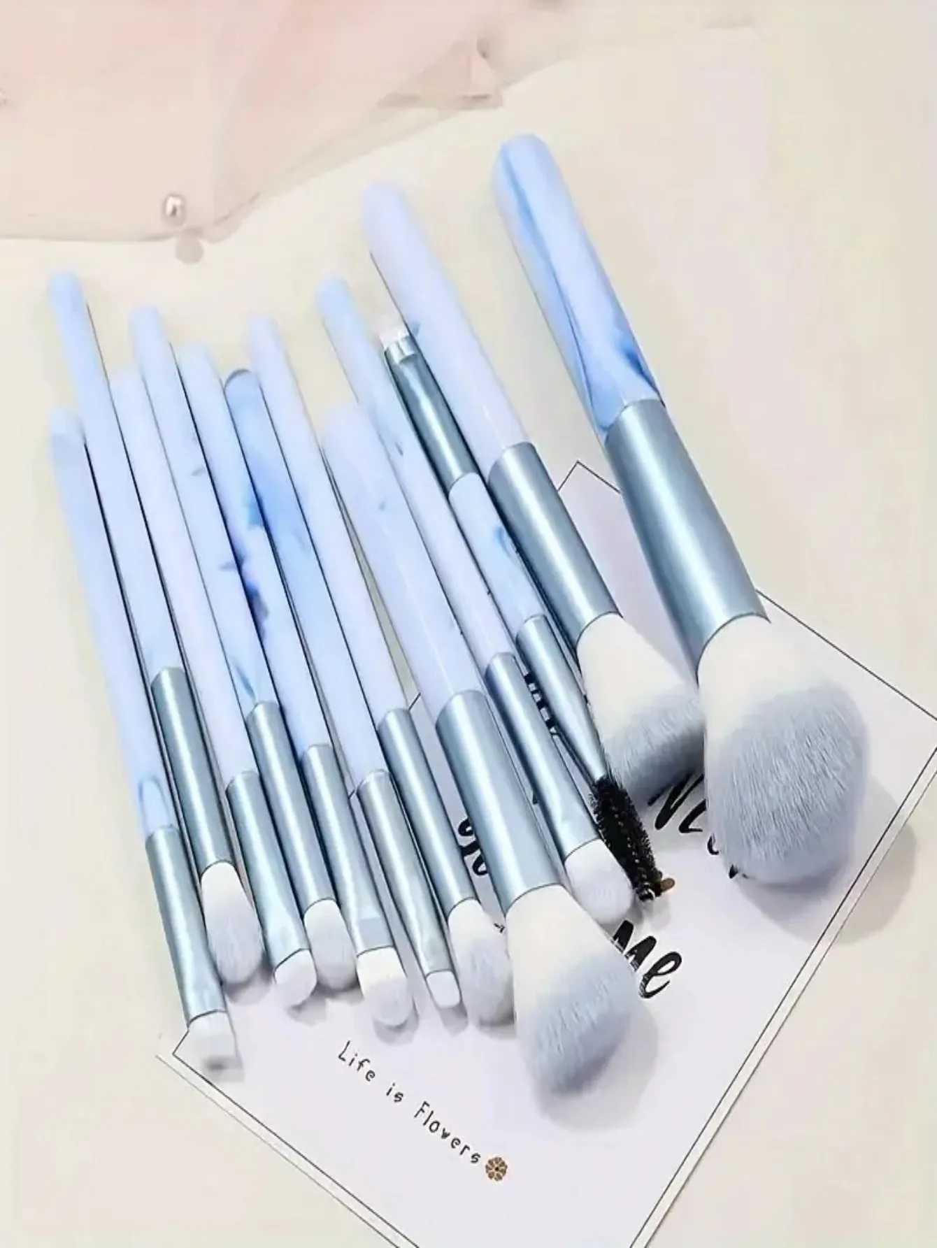 10/12-Piece Blue Makeup Brush Set - Powder Puff Cleaning Pad - Synthetic Brushes for Powder Blush L251110