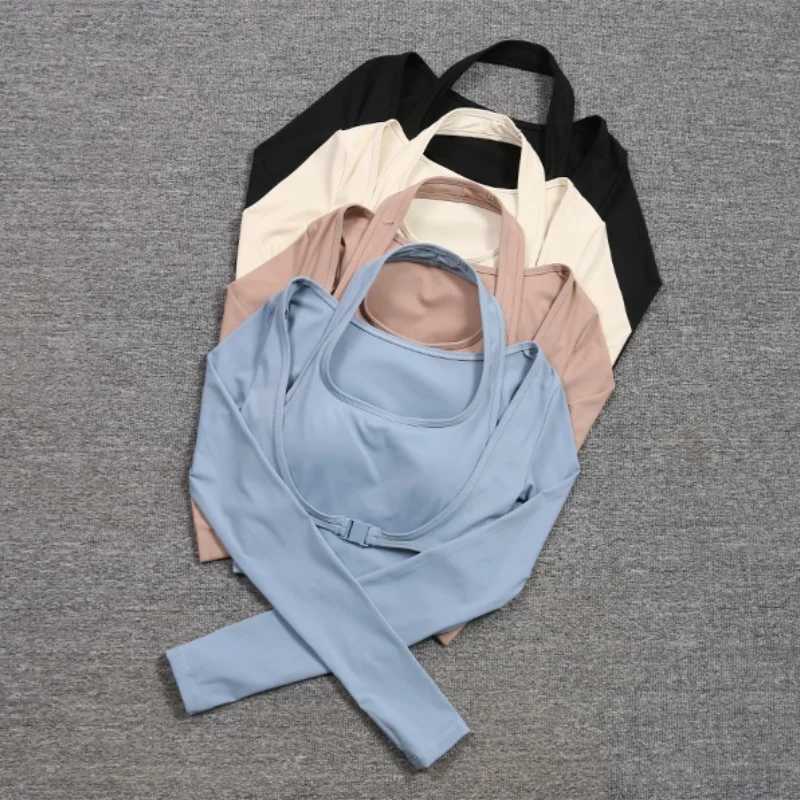Wholesale customized blank 2-in-1 yoga crop womens long sleeved camisole bra top rib Agraffe fitness suitXJ250410