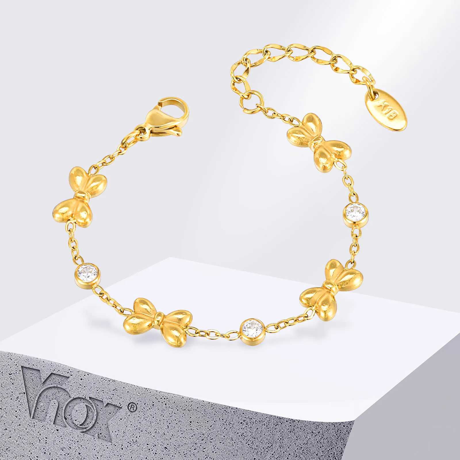 Vnox Stainless Steel Childrens Bracelet For Baby GirlsCubic Zirconia Inlay With Bow Element ChainCute Style Jewelry DailyT251110