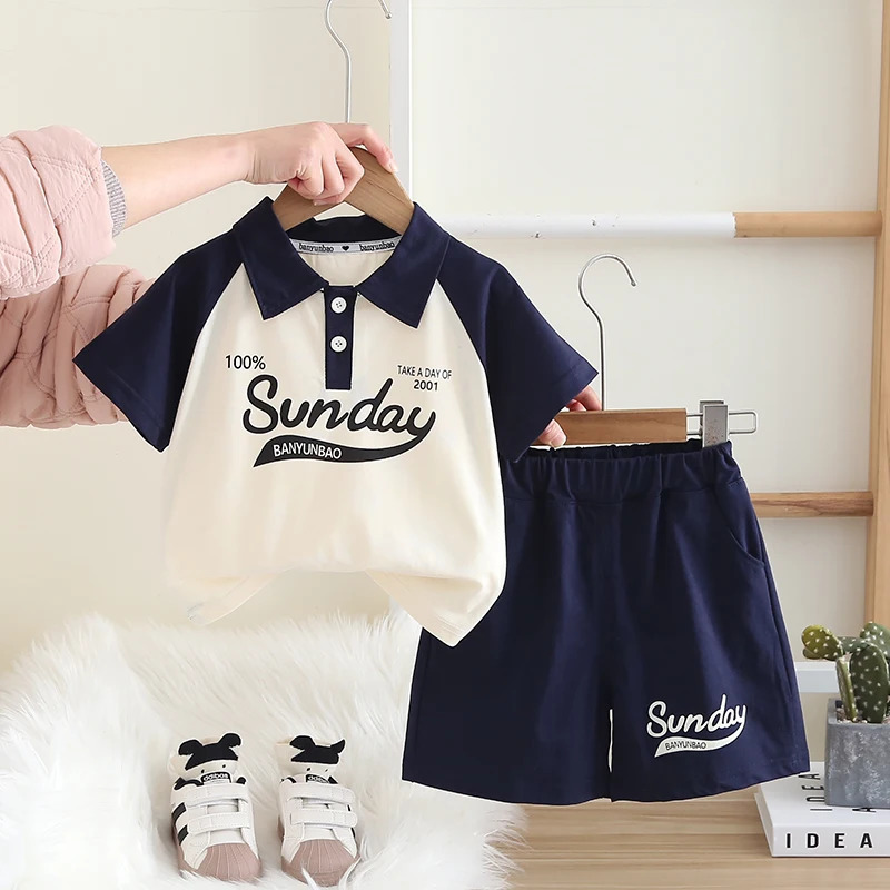 Childrens clothing set baby boys and girls summer letter polo T-shirt 2-piece set cute baby clothing 250409