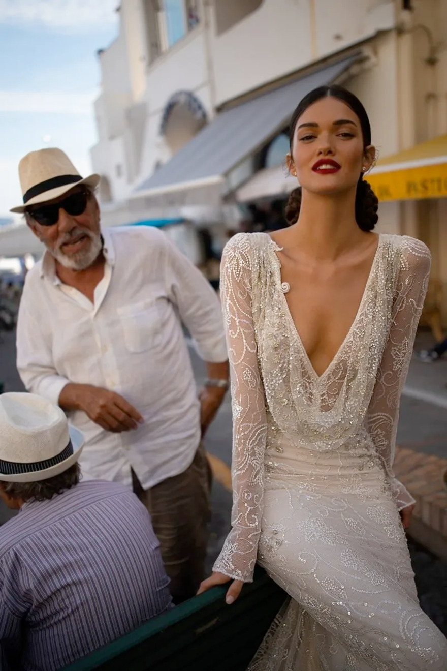 Inbal Dror 2025 Wedding Dress V Neck Sequined Lace Mermaid Bridal Gowns Long Sleeves Backless Beach Wedding Dress Custom