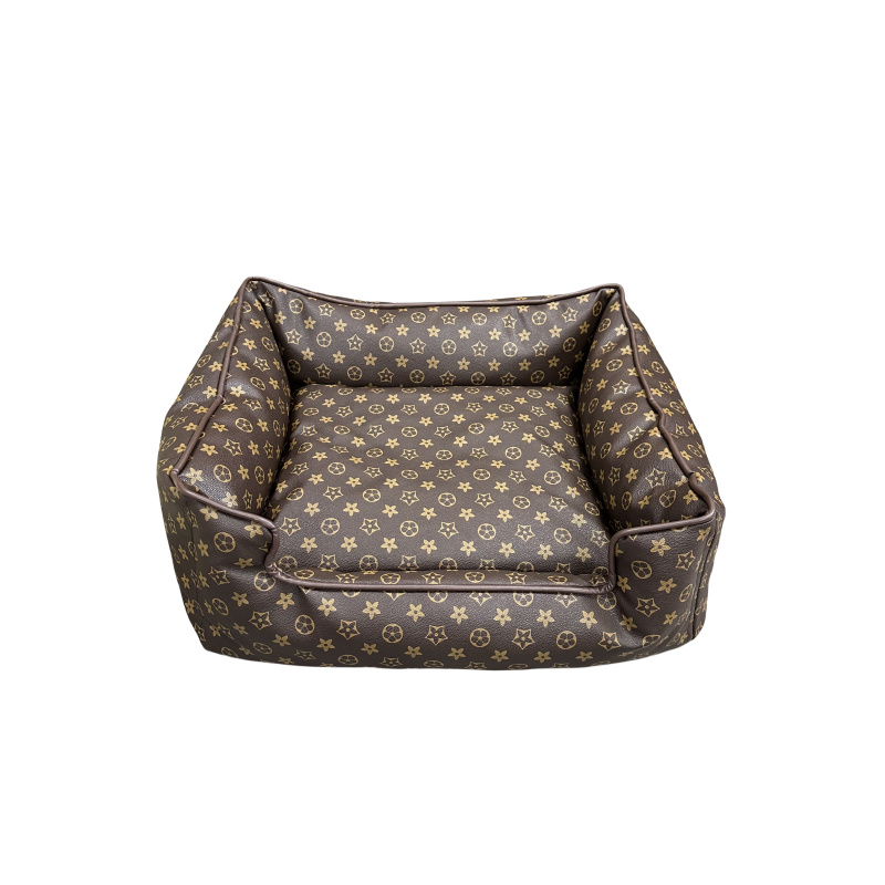 Designer Beds PU Leather Dog Kennel Classic Letter Easy to Clean Rectangle Cool Soft Padding with Nonskid Bottom Pet Bed for Small Medium Dogs Brown L