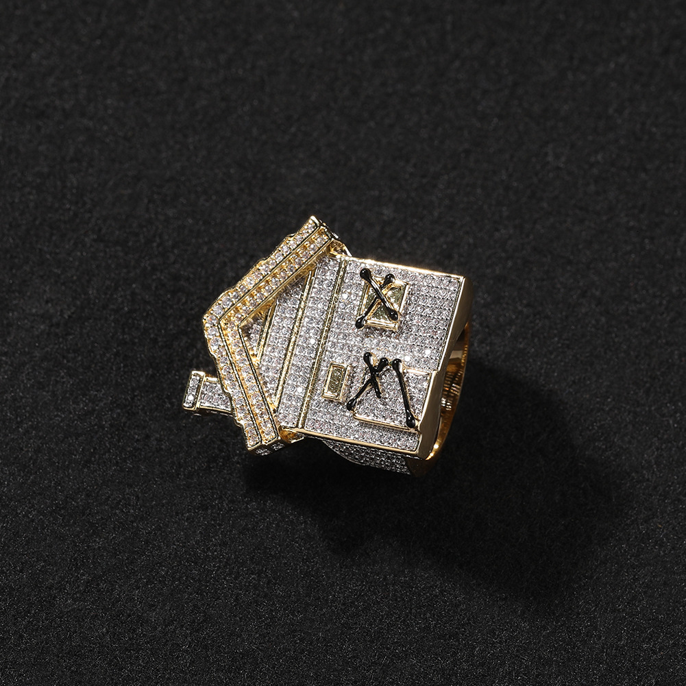 Fine Quality Trendy Niche House Finger Ring For Men Hip Hop 14k Real Gold Plated Full Iced Out Cubic Zirconia Rapper Mens Shiny Punk Rock Rings Bijoux