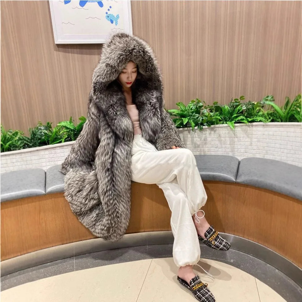 Chic Winter Women Faux Fur Coat Gradient Hooded Thick Long Fox Jacket For Female Highstreet Lady Artificial 251110