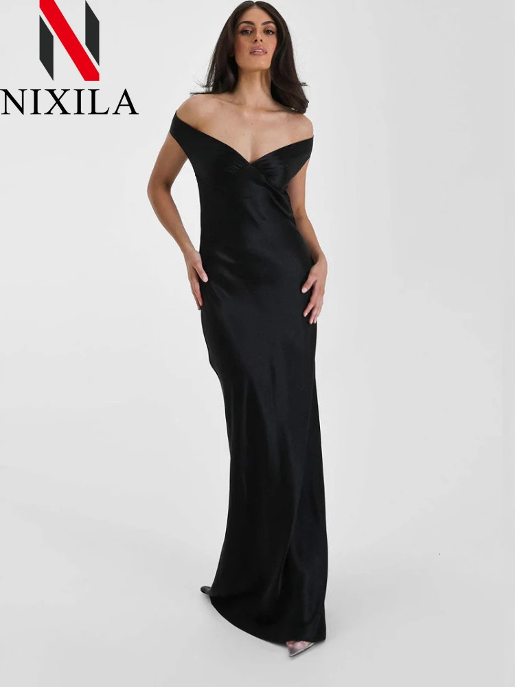summer satin bow backless sexy womens long skirt fashionable V-neck sleeveless club party evening gown elegant clothing 250403