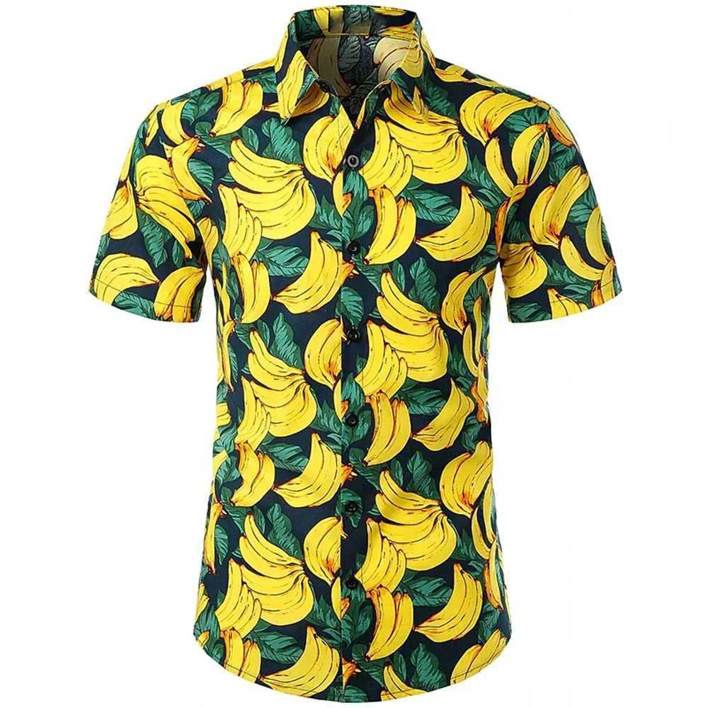 Mens short sleeved shirt Hawaiian shirt fruit celery banana pattern print street casual printed button down jacket X250410