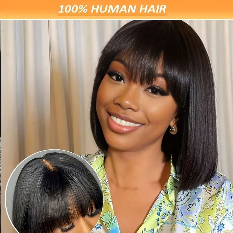 Women's Glueless Wig Bangs Natural Brown Human Density , HD Lace Front, Pre-Plucked Hairline With Baby Hair, No Glue Needed, Easy To Style For Ev