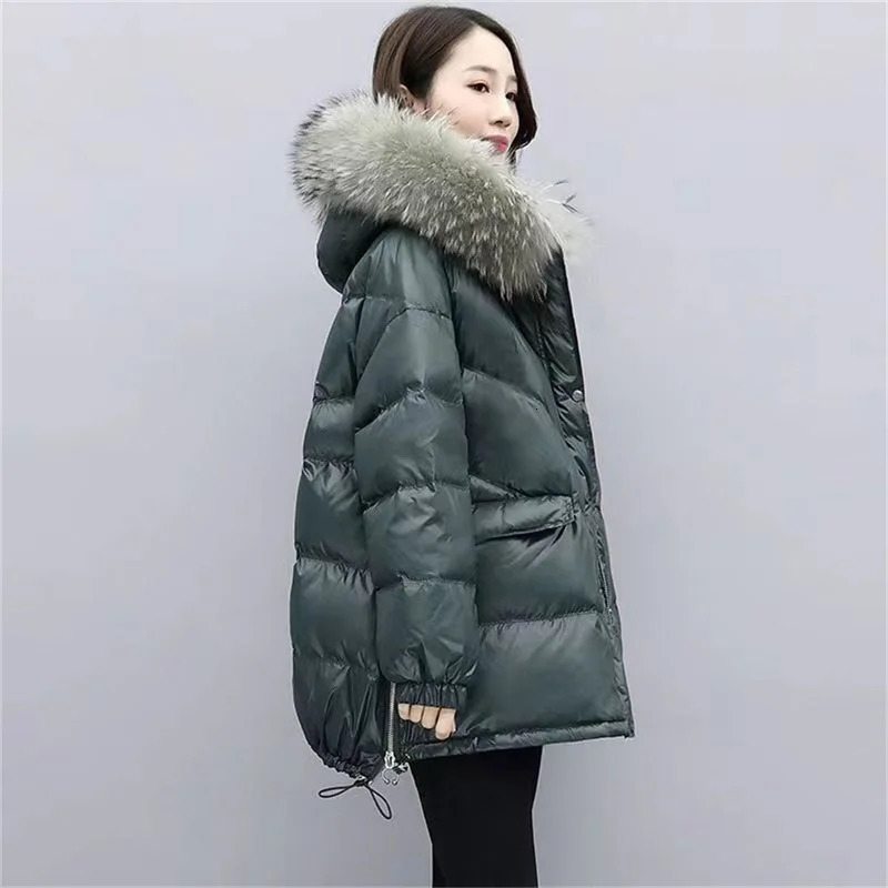 Down Cotton Jacket 2024 Womens Mid Length Korean Version Loose Fitting Thick Jacket Large Woolen Collar Winter Hooded Outfi 251107