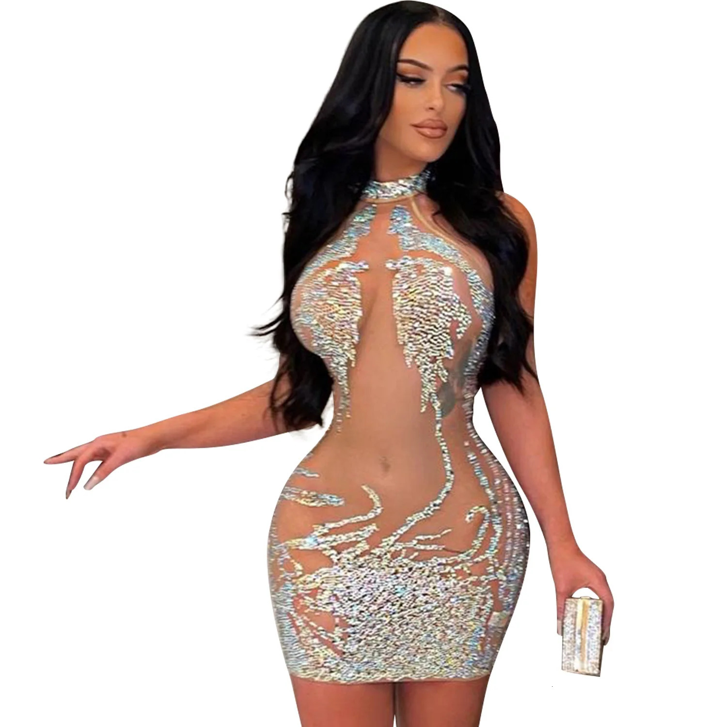 Sexy Mesh Diamond Short Ball Evening Mini Dress See Through Womens Nightclub Party Diamond Tight Dress 250403