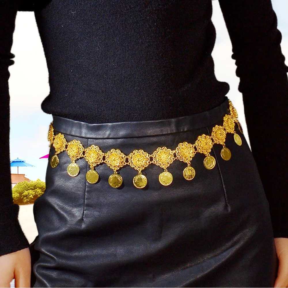 New fashion Afghan belt jewelry Bohen colored acrylic gemstone gold dropper coin tassel belt X250410