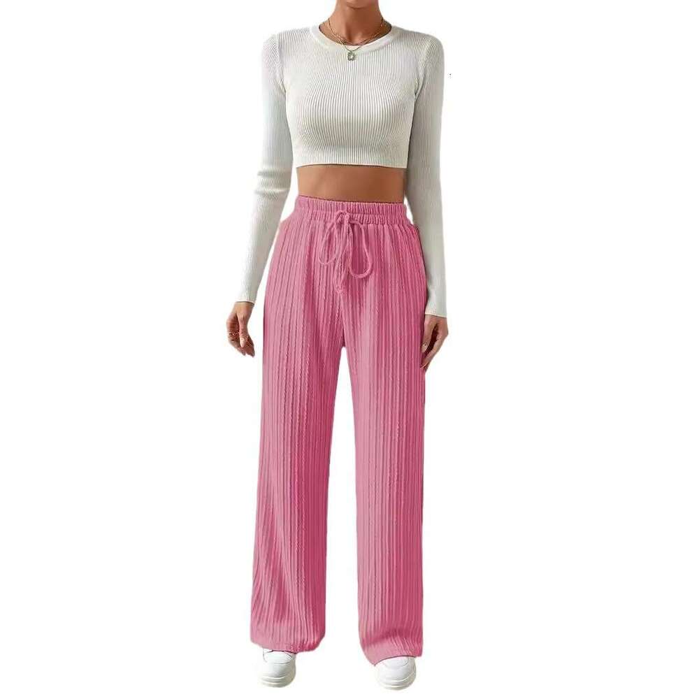 2024 New European and American Style Knitted Wide-Leg Pants with Waist Texture, Elastic High Waist, Solid Color, Casual Loose Straight-Leg Women'
