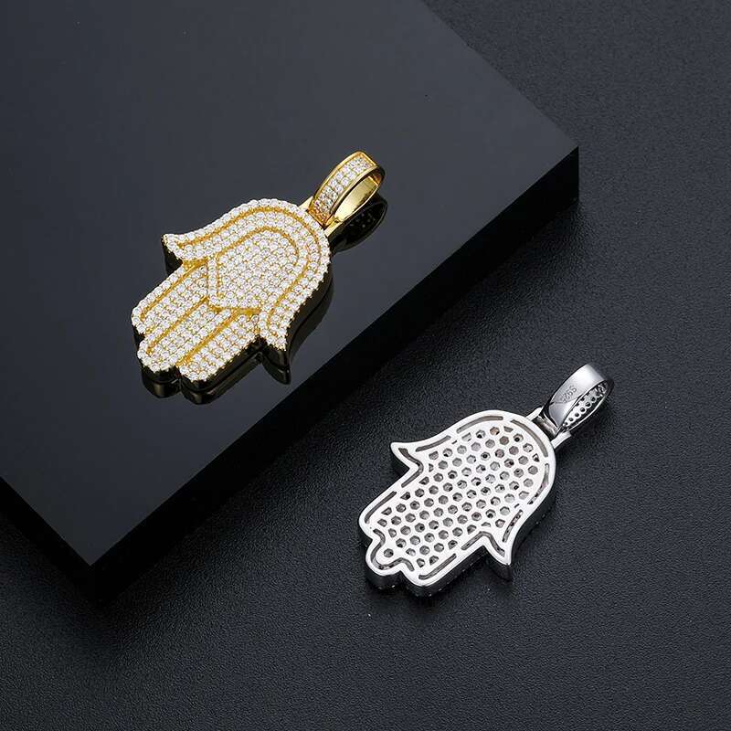 New Moissanite Iced Out Bg Hamsa Hands Pendants Necklaces S Sier Charm For Men Women Hip Hop Jewelry Passed Dia Test