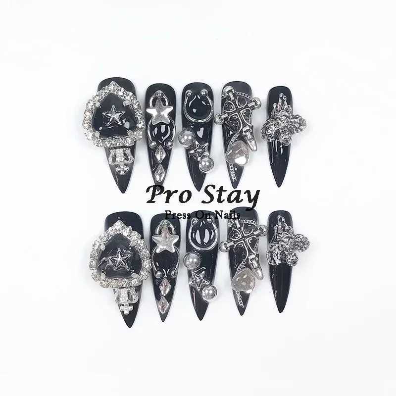0 pieces of dark black Y2k hot girl hand pressed nails sweet and cool diamond metal decoration wearable fake nails W250410
