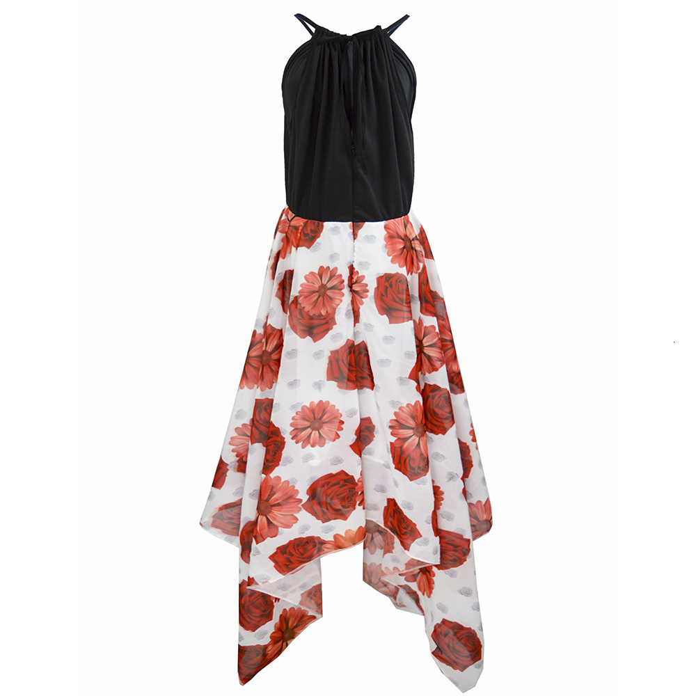 Women's sexy suspender top with patchwork printed half skirt chiffon dress