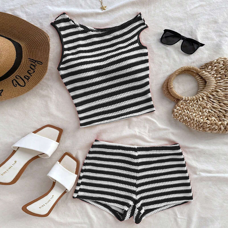 Rui Chuo Cross-Border Foreign Trade European American Striped Tank Shorts 2025 Summer Knitted Hot Pants and Top Two-Piece Set