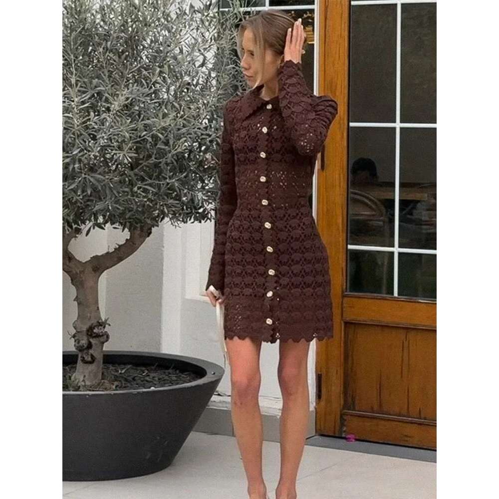 Elegant Lace Women's Dress Long Sleeve Turn-Down Collar Hollow Out Knit Female Mini Dresses 2025 Spring Summer Button Lady Robe