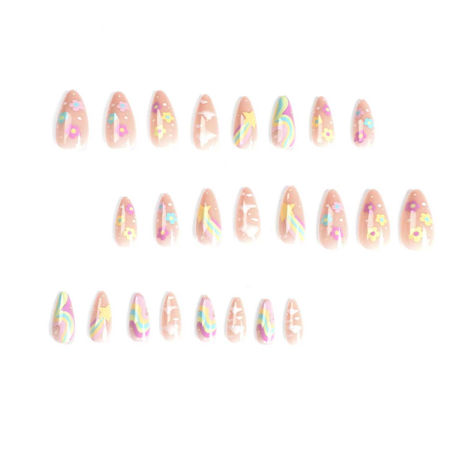 24 cute colored fake nail tips suitable for girls Rainbow Cloud Star printed almond fake nails full set of reusable adhesive fake nails W250410