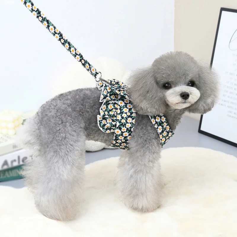 Summer Small Dog Dress Pet Harness with Breast Strap Traction Rope Cat Dogs Clothes Harness Vest Princess Tutu Dress Skirt J251110